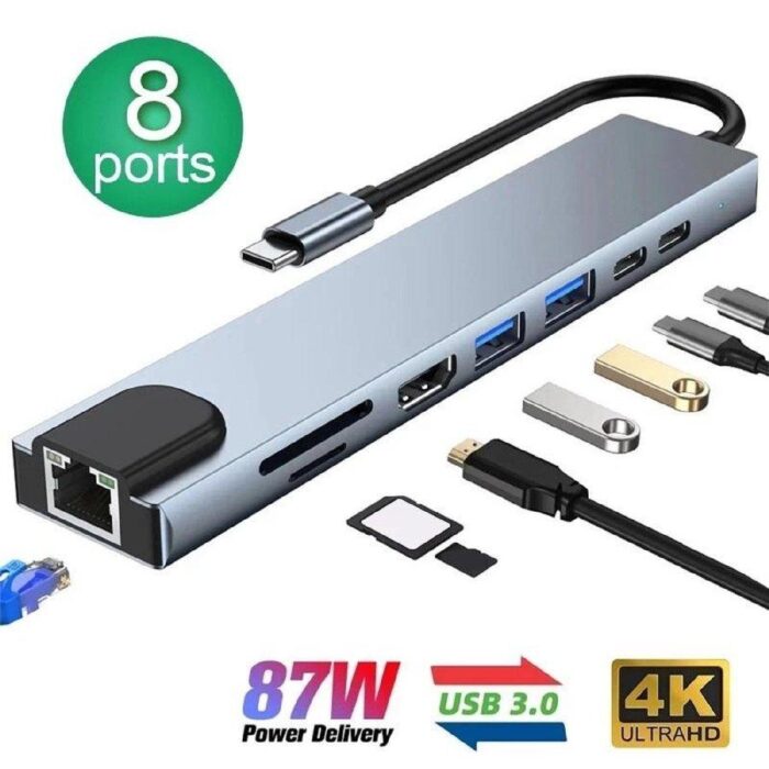 USB C Hub 8-in-1 Adapter with 4K HDMI, Gigabit Ethernet, USB-C PD, SD/TF Card Reader – Compatible with PC & Laptop - Image 3