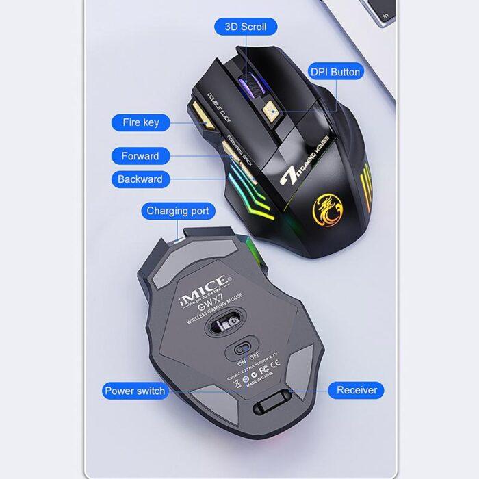 iMICE GW-X7 7-Button Silent Rechargeable Wireless Gaming Mouse with Colorful RGB Lights - Image 4