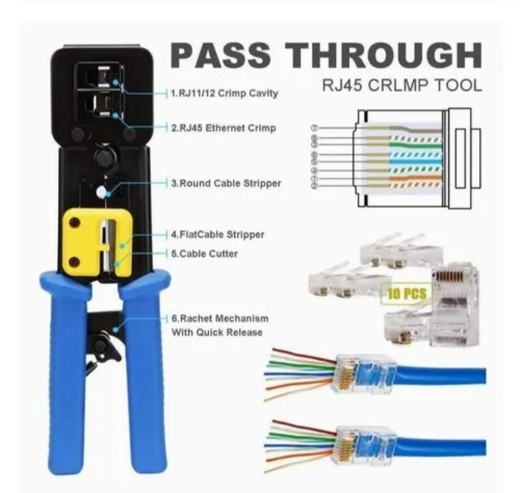 passthrough Professional Pass Through RJ11, RJ12, RJ45 Crimping Tool for CAT5e, CAT6 - Image 1