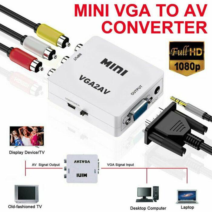 Mini VGA to AV Converter – VGA to RCA/AV Composite Video Adapter for TV, Projector, VCR, DVD - Image 2