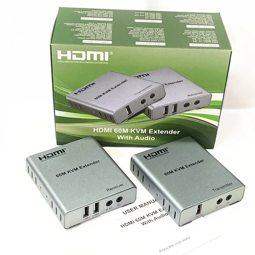 60m KMV Extender HDMI 60M KVM Extender Over Cat5e/6 – 1080P & 4K USB HDMI Extender with HDMI Loop, Mouse & Keyboard Support - Image 1