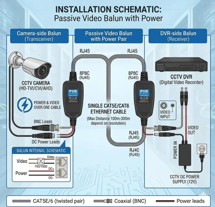 Passive Video Balun Connector Pair – BNC to RJ45 Network Transceiver with Power (HD-CVI/TVI/AHD Compatible) - Image 2